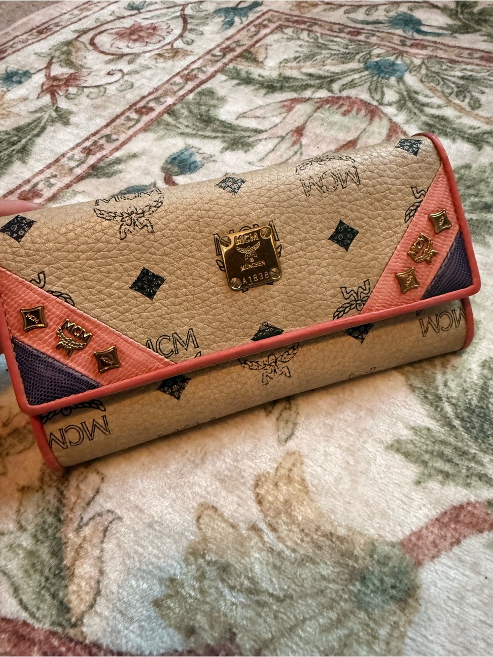 MCM Visetos Monogram Studded Trifold Wallet